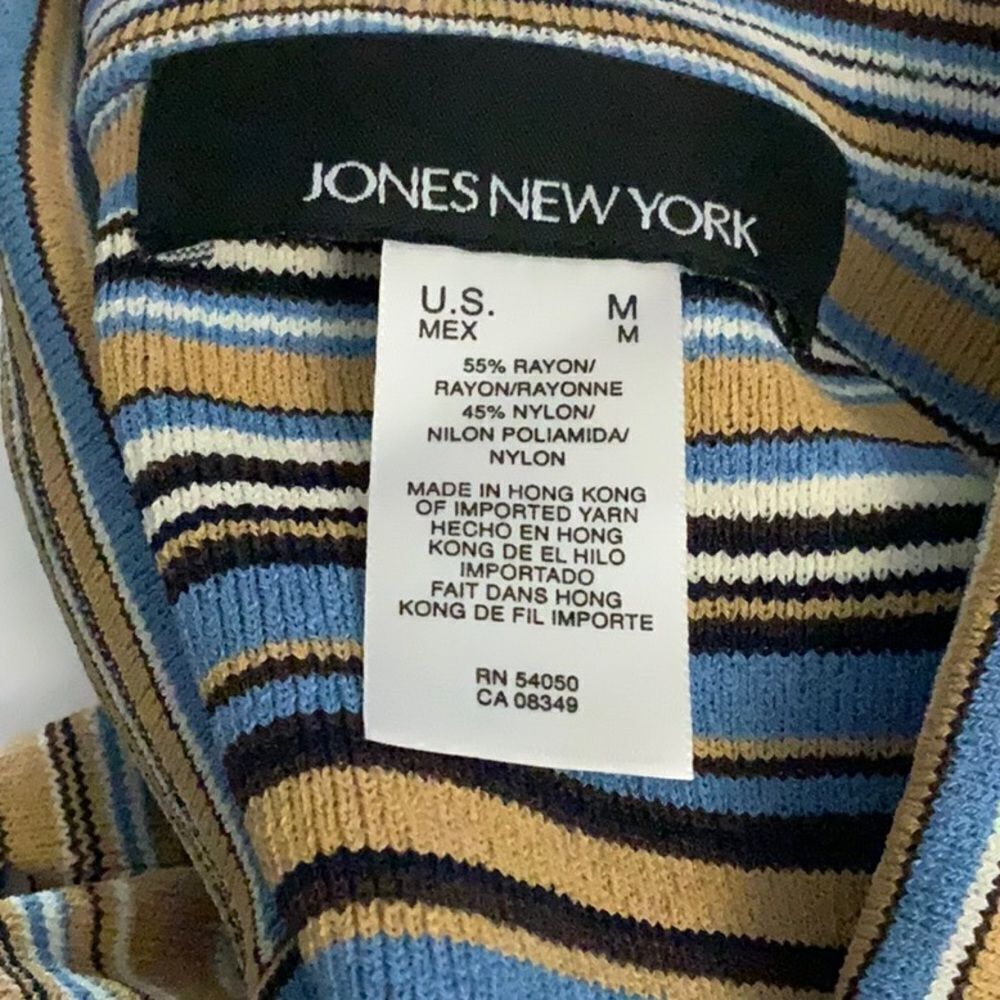 Vintage Jones New York Cardigan Sweater Button Front Size M Striped Blues Tan - Picture 10 of 10